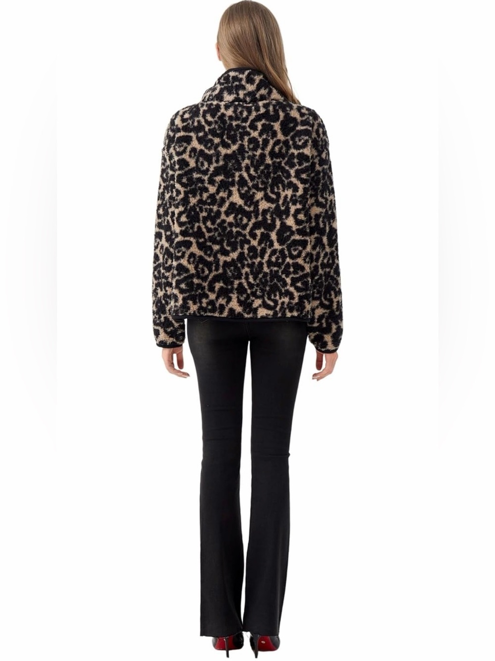 Women's Tan & Black Leopard Teddy Jacket - Cozy Half Zip Pullover - Picture 5 of 7